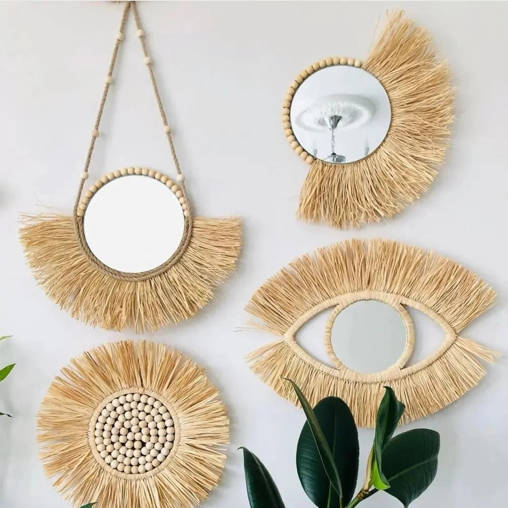 Boho Rattan Wall Mirrors Tapestry