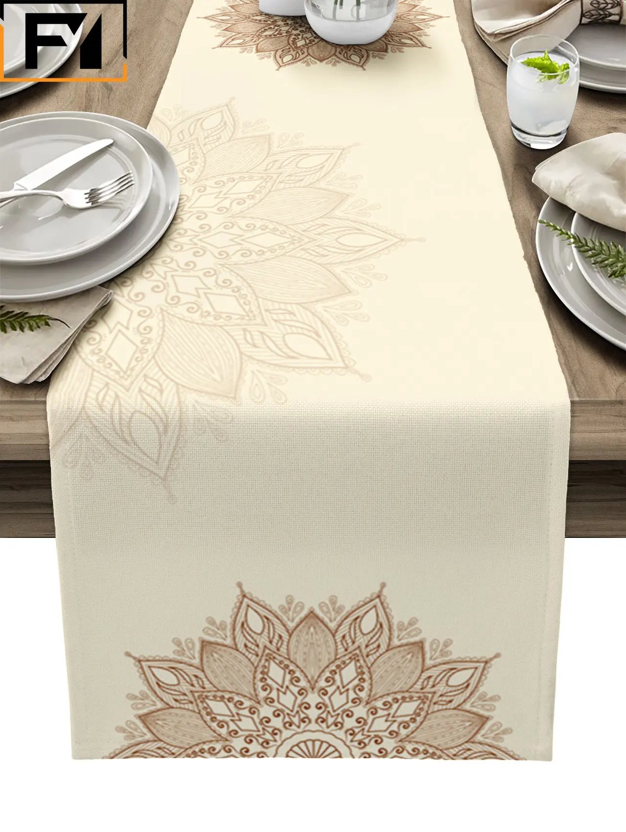 Boho Mandala Flowers Linen Table Runner