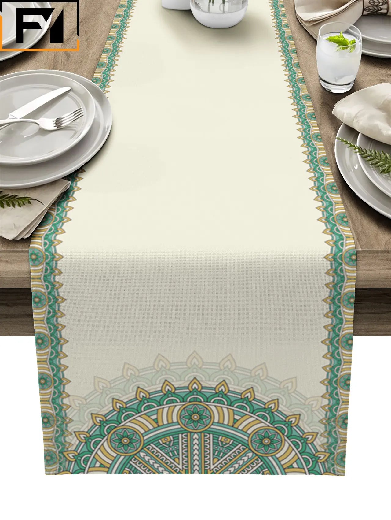 Boho Mandala Flowers Linen Table Runner