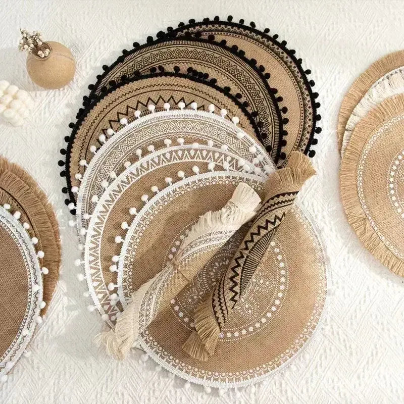 Round Fringed Jute Table Mat Pompons
