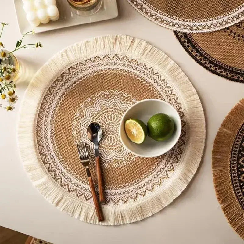 Round Fringed Jute Table Mat Pompons