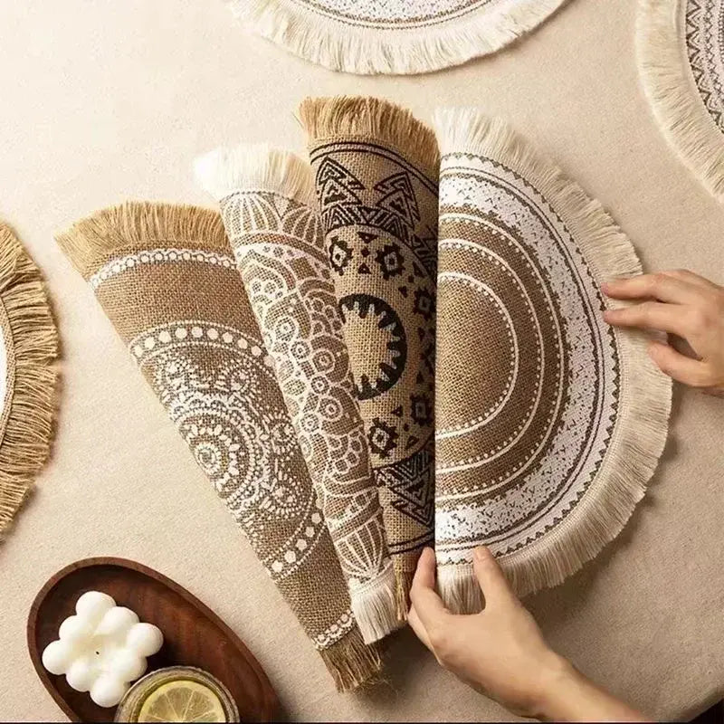 Round Fringed Jute Table Mat Pompons