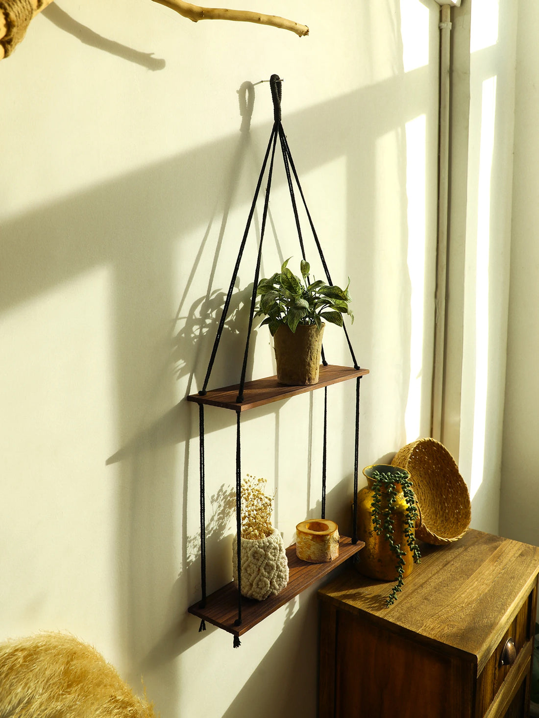 Boho Wooden Wall Shelf with Macrame