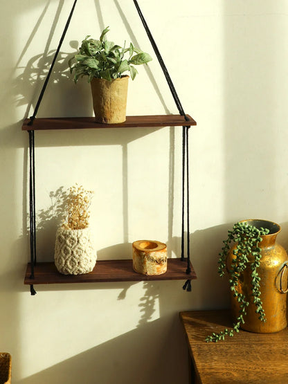 Boho Wooden Wall Shelf with Macrame
