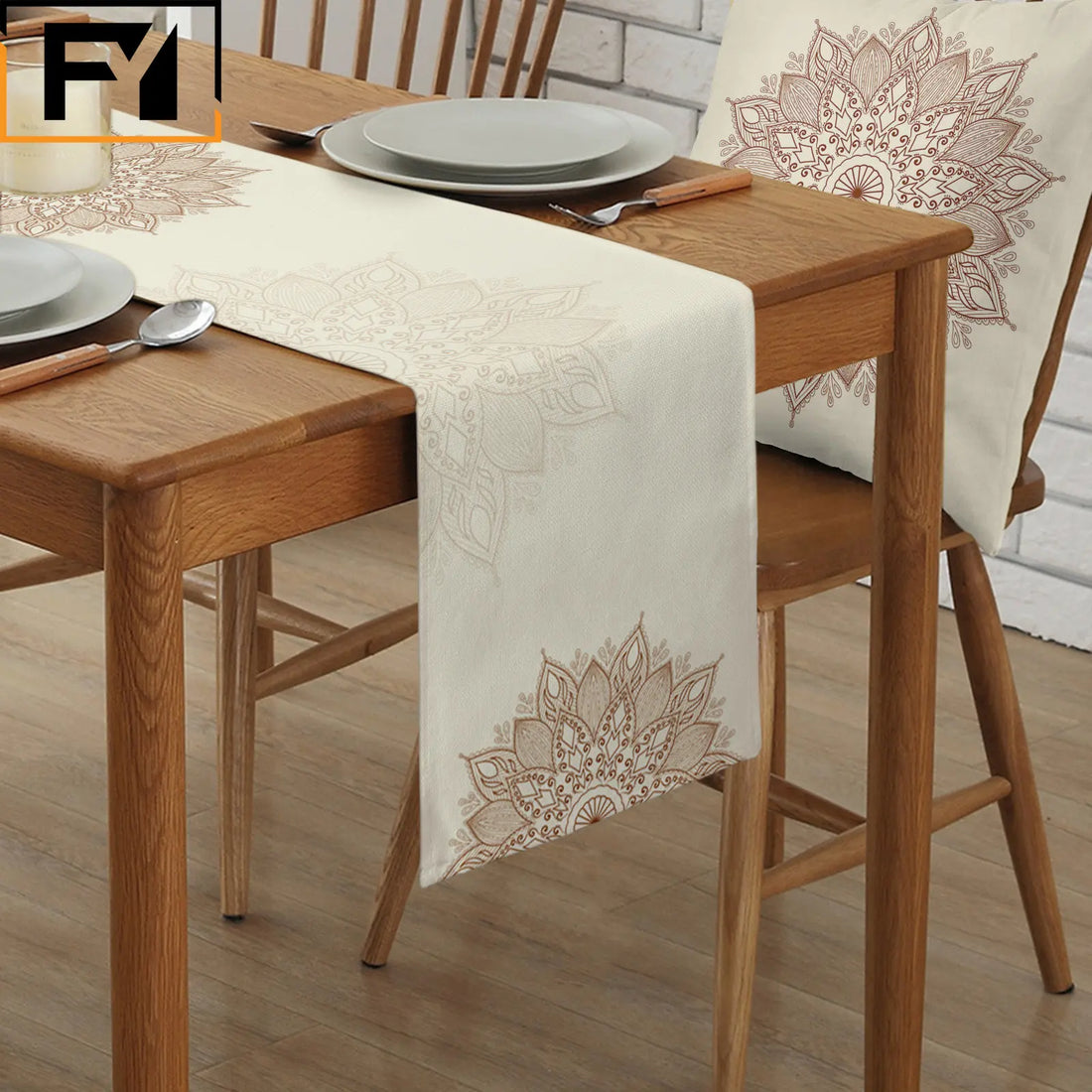 Boho Mandala Flowers Linen Table Runner