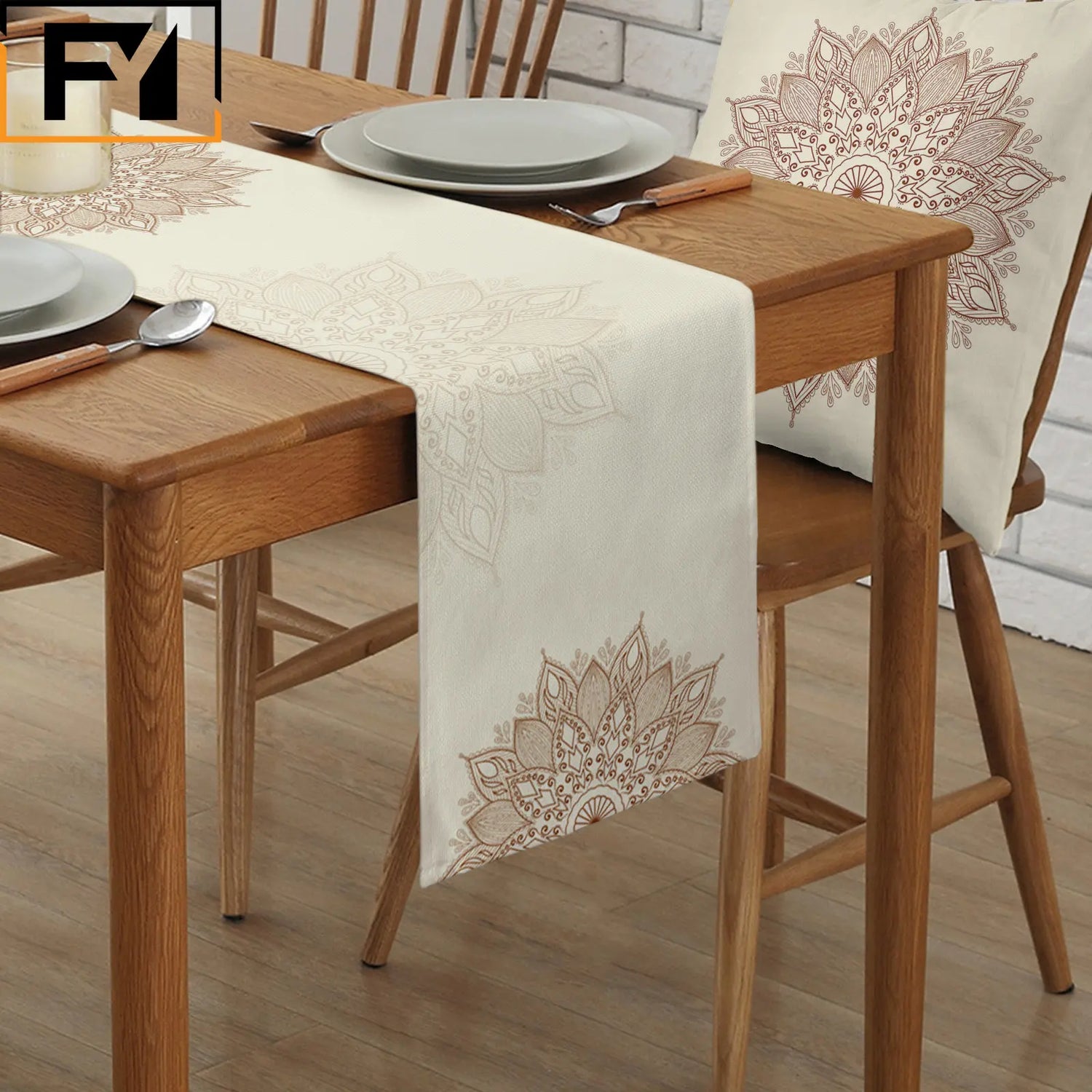 Boho Mandala Flowers Linen Table Runner