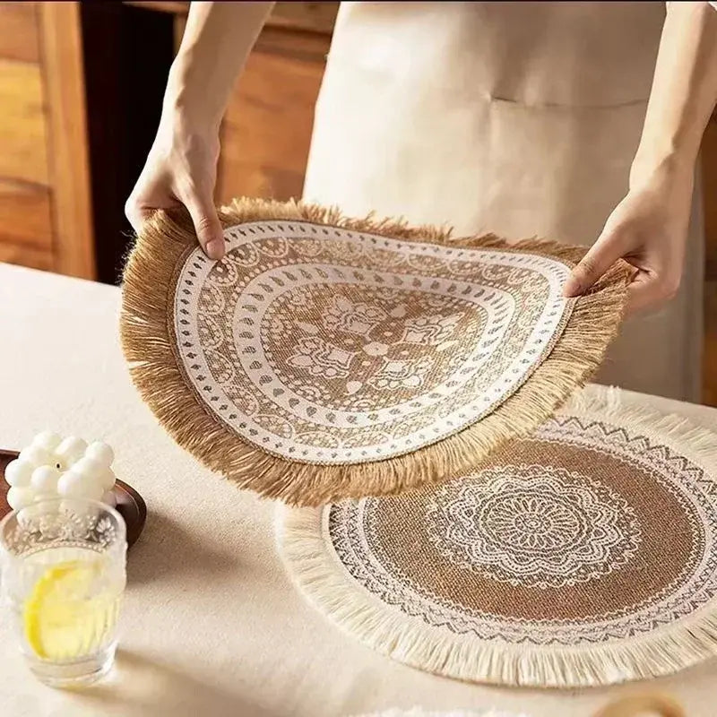Round Fringed Jute Table Mat Pompons