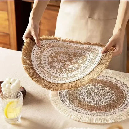 Round Fringed Jute Table Mat Pompons